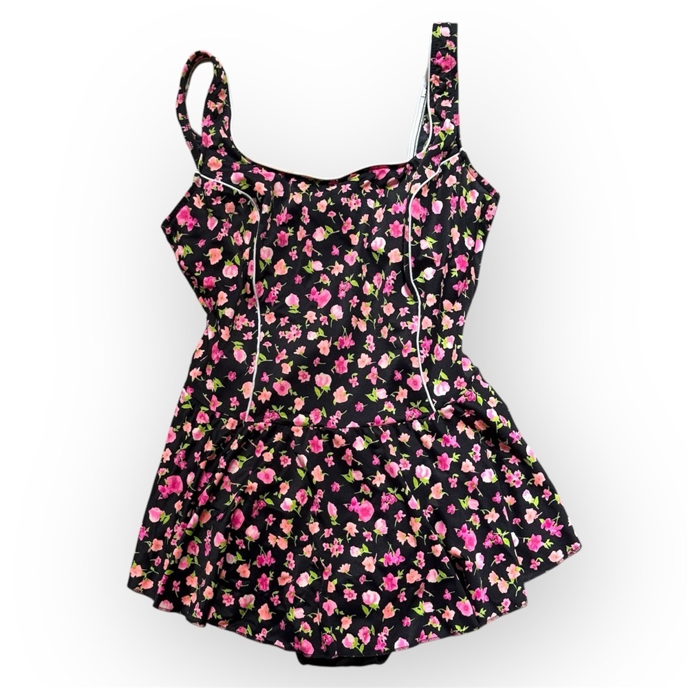 Robby Len Vintage Black NEON Floral One Piece Swimsuit Sz 14 80s